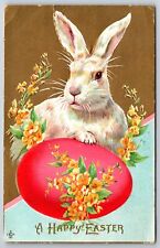 Stecher~Happy Easter~Rabbit W/ Flowers & Egg On Gold Background~Emb~Vintage PC picture