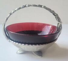 Vintage Pewter Dish w Handle Red Glass Dish Inside picture