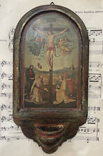 Antique Italian Wooden Holy Water Font Angels Crucifixion c1930 picture