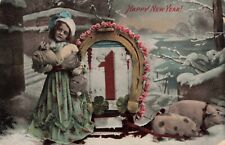 Happy New Year Girl & Pigs Horseshoe Good Luck 1914 Postcard picture