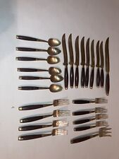 Vintage MCM 24 piece Thailand, Gold, And Wood Flatware Silverware picture