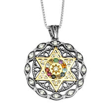 Kabbalah Pendant Star of David Hoshen Crystals CZ Sterling Silver & Gold 9K Gift picture