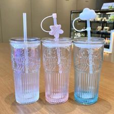 Starbucks Glass Cup Gradient Blue/Pink/Clear Sakura 550ml Tumbler With Topper US picture