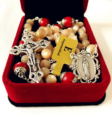 MOTHER-OF-PEARL & RED CORAL BEADS CATHOLIC ROSARY CRUCIFIX CROSS NECKLACE BOX picture