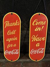 COCA COLA COME IN THANKS PORCELAIN STEEL SIGNS SET DOOR PUSH PUMP GAS OIL SODA picture
