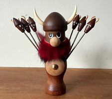 Vintage Teak Wood Viking Appetizer Hors D'oeuvre Fork Holder Denmark Kitschy MCM picture