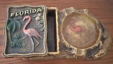 Vintage Florida Souvenir Faux Wood Ash Tray W Rectangle Flamingo Gator picture