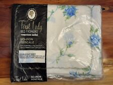Vtg First Lady Percale Double Flat Sheet Blue Rose Floral 54”x 75” Made In USA picture