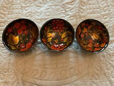 Russian/USSR Set Of 3 Wooden Hand Painted Trinket Dishes - Vintage Lacquer Ware picture