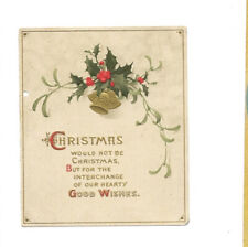 c.1900s Christmas Bells Holly Branch Embossed Mini Greeting Card UNUSED picture