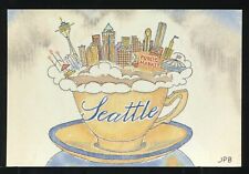 WA Seattle VINTAGE 4x6 FANTASY LITHO PC SEATTLE LANDMARKS in a COFFEE CUP by JPB picture