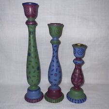 Bright Multi-Colored Painted Wooden 11” 3 Candle Holders picture