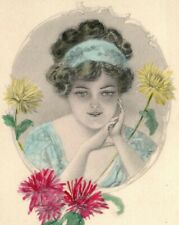 c1910 Beautiful Girl Flowers G&B Antique Handcolored Postcard picture