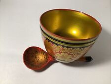RUSSIAN  KHOKHLOMA LACQUER HAND PAINTED WOODEN BOWL RED BLACK GOLD w SPOON picture