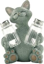 Whimsical Grey Cat Salt & Pepper Shaker Holder Figurine Decorative Collectible picture