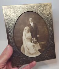 Vtg 1920's Oval Inset Wedding Photo Bride Groom Wire Glasses Frame Period Dress picture