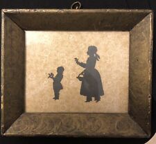Antique Hand Cut Silhouette Boy Horse Girl Flower Basket Old Frame and Matting picture
