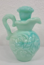 Vintage 1970's Avon Blue Green Milk Glass Roses Bath Oil Pitcher W/Stopper picture