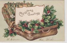 Vintage Christmas Postcard: Suitcase Filled with Holly and Mistletoe - c 1905 picture