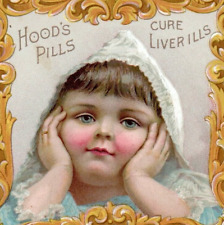 c1890 Hoods Pills Liver Die-Cut Trade Card Quack Med Fancy Frame Girl Head Hands picture