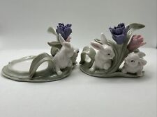 Set of 2 Home Interiors 2002 Peek-a-boo Bunnies w/ Flowers Spring Candle Holder picture