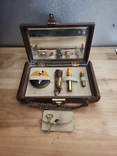 Antique Ladies Vanity Jewelry Box W/ Lock Mirror Accessor Brown-Hair Pins picture