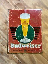 Vintage Budweiser Beer Tin Metal Sign Anheuser Busch Retro Glass Logo Bar  picture