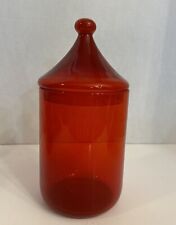Vintage Mid Century Modern MCM 9.75” Red Orange Glass Apothecary Jar Lidded picture
