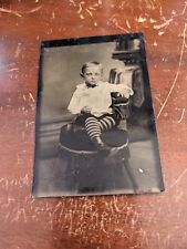 Later 1800s Sweet tintype photograph young boy wearing striped stockings socks picture