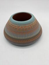 NAVAJO POTTERY CARVED VASE POT SIGNED  C. SMITH Blues & Greens 3” Tall 402435 picture