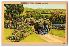c1940's Greetings From Oakley Grass Loaded Horse Wagon Road Kansas KS Postcard picture