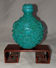 Vintage Chinese Resin Turquoise Ornate Snuff Opium Bottle Rosewood Display Stand picture