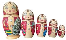 VTG Wood Hand Painted & Signed 5 Piece Russian Nesting Dolls 4 1/2” Christmas picture