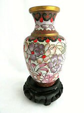 Vintage Chinese Floral Cloisonne Vase w/ Wood Stand 4