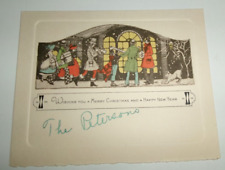 Vtg Christmas Card Musicians Play Ladies Shop Dog Stretches 1930's picture