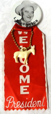 1963 WELCOME PRESIDENT ribbon pin PHOTO BUTTON - L.B. JOHNSON with DONKEY CHARM picture