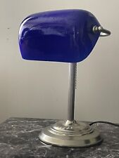 Lamp Vintage Banker’s Cobalt Blue Glass Silver Pedestal 1920’s Style Pull String picture