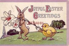 JOYFUL EASTER GREETINGS rabbit and chick carrying Easter lily Embossed picture