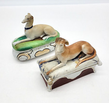 19th C Victorian Porcelain Box Greyhound Whippet Recumbent Lot of 2 AS IS picture