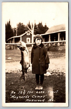 Boy & Large Trout. Fishing at Maynard's Camps. Rockwood Real Photo Postcard RPPC picture