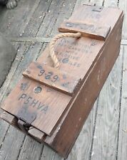 Vtg. Wooden Stained Military Ammo Box, Crate W/Metal Hinge Rope Handle Stash Box picture