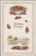 Vintage HAPPY BIRTHDAY Greetings Postcard House Scene / Pink Roses / Glitter picture