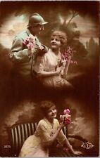 VINTAGE POSTCARD SOLDIER OFF TO WAR FLOWERS TO MAIDEN HAPPY SMILES c. 1914 picture