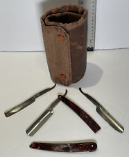 Strait Edge Razor Lot - Vintage Leather Case with 3 Blades for Repair or Parts picture