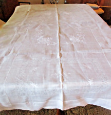 Antique wt. Madiera linen tablecloth w/ cutwork/wt. floral embroid. 65