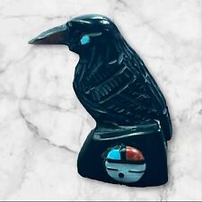 Zuni Fetish Carving Acuma Jet Raven with sun face Turquoise eyes by Darrin Boone picture