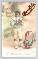 c1914 RPPC Young French Boy Flowers Love Hand Colored DEESSE Real Photo Postcard picture