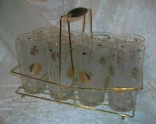 Vintage CCC Continental Can Company Atomic Sunflower Bar Glasses (8) Teak Caddy picture