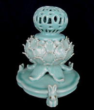 Korean Lotus Celadon Incense Burner Openwork 3 Rabbits Intricate Hallmark Signed picture