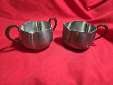 Vintage Old Newbury Pewter Cream and Sugar with Brass Handles & Scalloped Edges picture